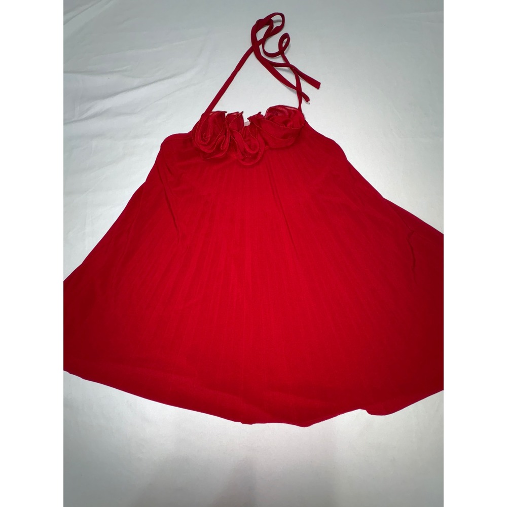 Rainbow Red Halter Top 3D Rosette Floral Pleated Babydoll Blouse